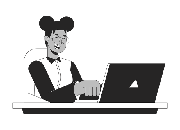 Inspirée et heureuse employée tapant un ordinateur portable  Illustration