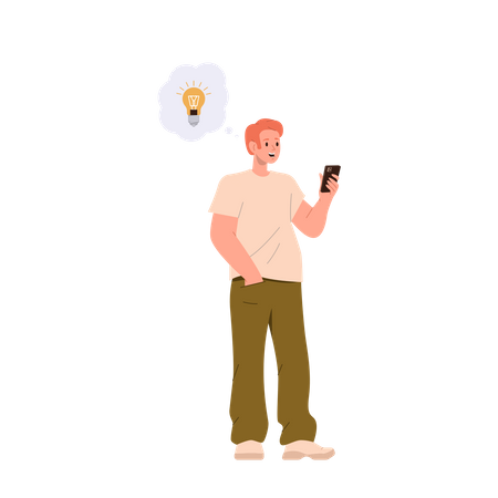 Inspirierter junger Mann hält Mobiltelefon in der Hand, schaut auf den Bildschirm und hat eine brillante Idee für ein Startup  Illustration