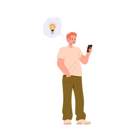 Inspirierter junger Mann hält Mobiltelefon in der Hand, schaut auf den Bildschirm und hat eine brillante Idee für ein Startup  Illustration