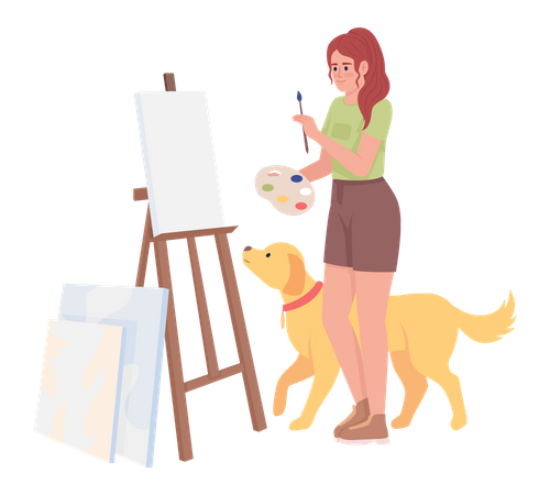 Inspiriertes Mädchen mit Golden Retriever-Gemälde auf Staffelei  Illustration