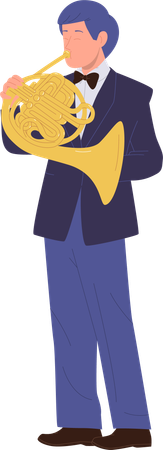 Inspirited talented man musician character performing on stage playing trombone french horn  Illustration