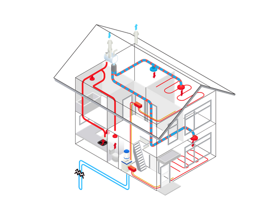 Instalação de aquecimento e ar condicionado num edifício  Ilustração