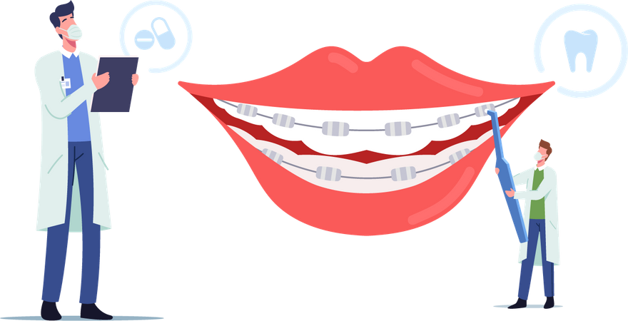Instalação de braquetes para alinhamento de dentes  Ilustração