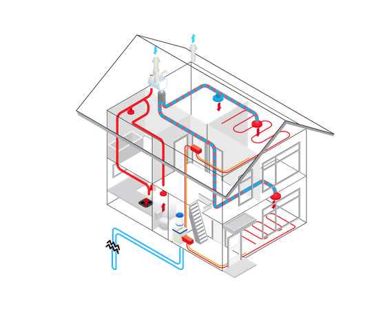 Instalación de calefacción y aire acondicionado en un edificio.  Ilustración
