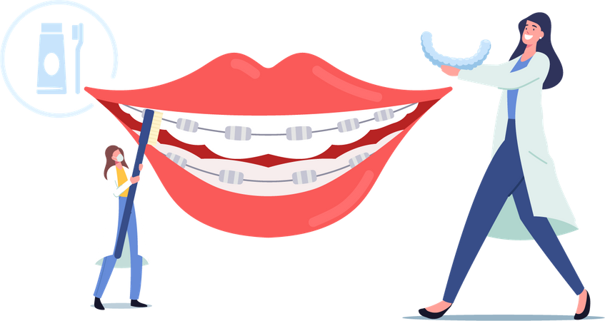 Instale aparelho dentário nos dentes do paciente  Ilustração