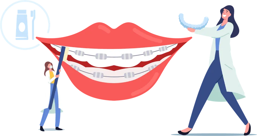 Tiny Dentist Doctors Characters Install Dental Braces To Huge Patient Teeth Orthodontist Treatment Dentistry Concept Brackets Installation For Teeth Alignment Cartoon People Vector Illustration Illustration