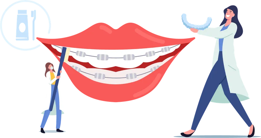 Install Dental Braces to Patient Teeth  Illustration