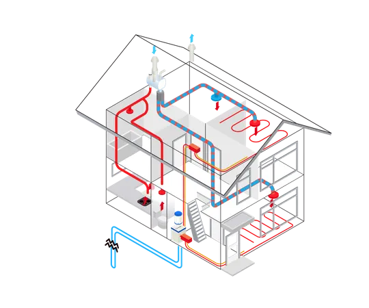 Installation von Heizung und Klimaanlage in einem Gebäude  Illustration