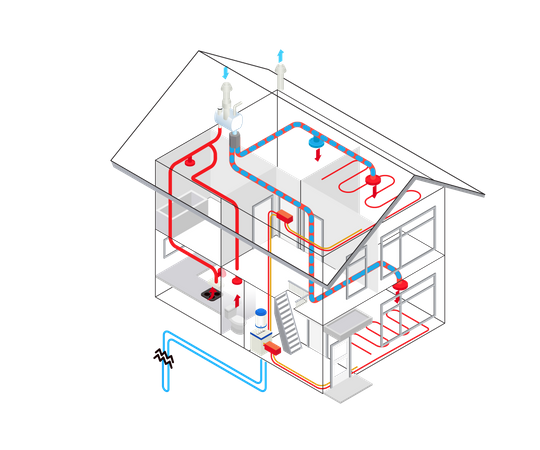 Installation of heating and air conditioning in a building  Illustration