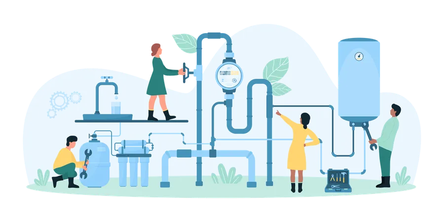 Installation Of Home Water Supply System Vector Illustration Cartoon Tiny People Install Treatment Filter And Boiler Plumbing Valves And Water Meter Inspection By Workers Of Maintenance Service イラスト