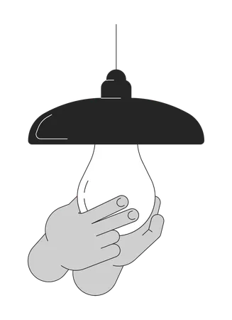 Installing Light Bulb In Lamp Cartoon Human Hands Outline Illustration Energy Efficient Light Fixture 2 D Isolated Black And White Vector Image Replace Lightbulb Flat Monochromatic Drawing Clip Art Illustration