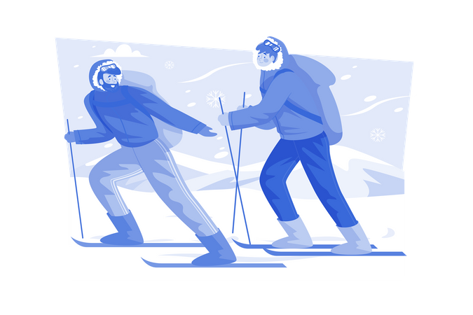 Instructor de esquí enseñando a esquiar a principiantes.  Ilustración