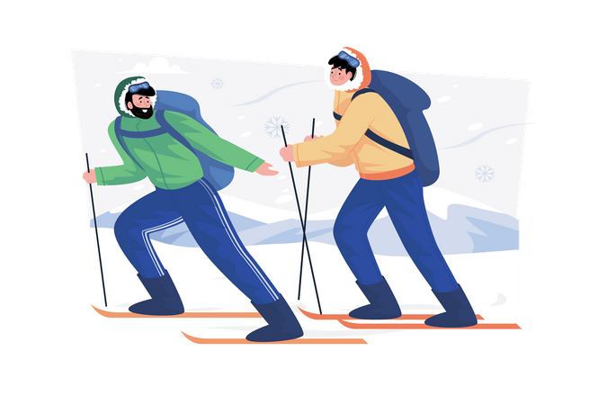 Instructor de esquí enseñando a principiantes a esquiar en vacaciones  Ilustración