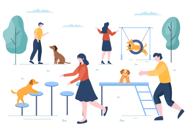 Instructor giving training in Dogs Training Center  Illustration