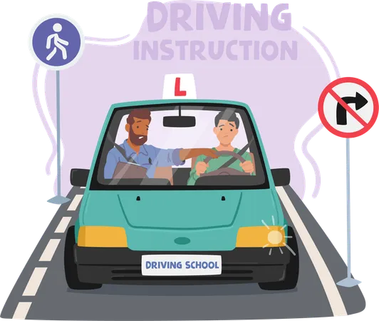 Instructor Guides Man Through The Basics Of Driving Imparting Essential Skills And Knowledge Patiently Instructs On Controls Rules And Safe Practices For Confident Independent Driving Vector Illustration