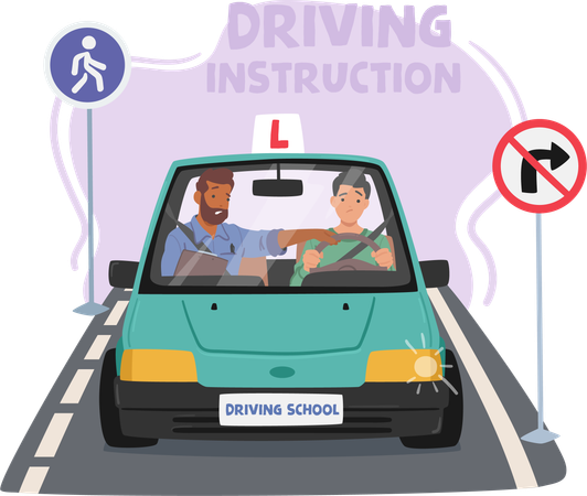 Instructor Guides Man Through The Basics Of Driving  Illustration