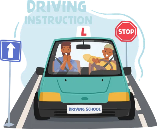 Instructor Guides Novice Imparting Essential Driving Skills Patiently Explains Rules Maneuvers Ensuring Confident Safe Learning For The Aspiring Driver Journey On The Road Vector Illustration 일러스트레이션