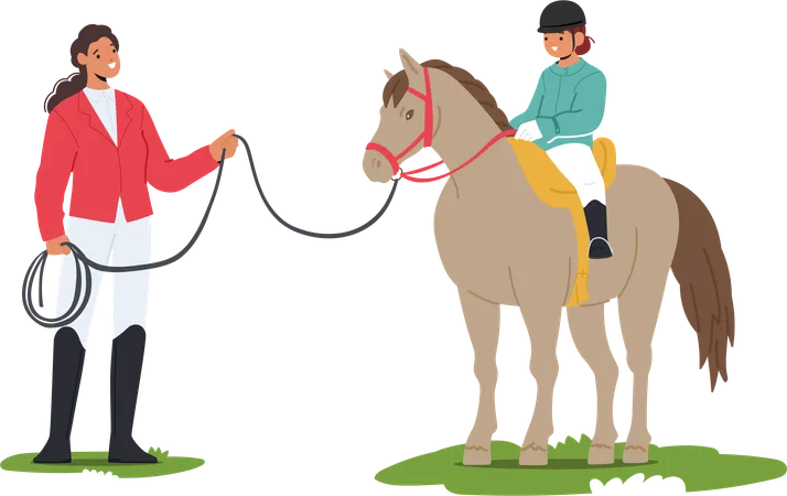 Instructor Patiently Guides The Child In Mastering Horseback Riding  Illustration