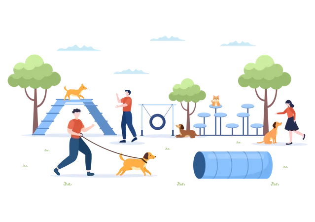 Dogs Training Center At Playground With Instructor Teaching Pets Or Play For Tricks And Jumping Skills In Flat Cartoon Background Illustration Illustration