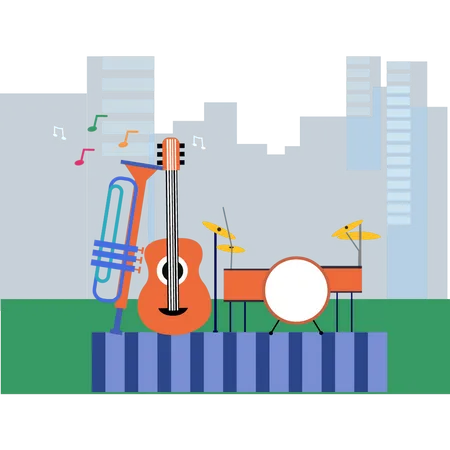 Instrumentos musicales en el escenario  Ilustración