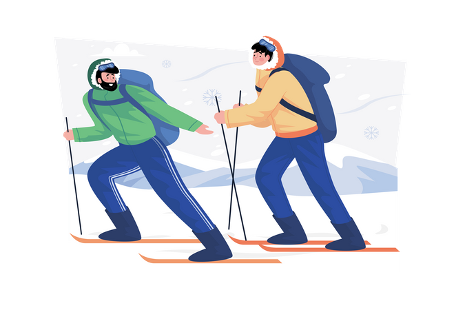 Instrutor de esqui ensinando iniciantes a esquiar nas férias  Ilustração