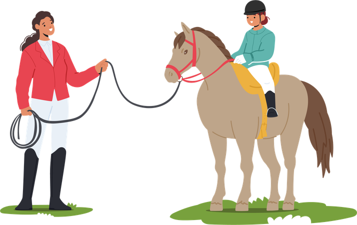 O instrutor orienta pacientemente a criança no domínio da equitação  Ilustração
