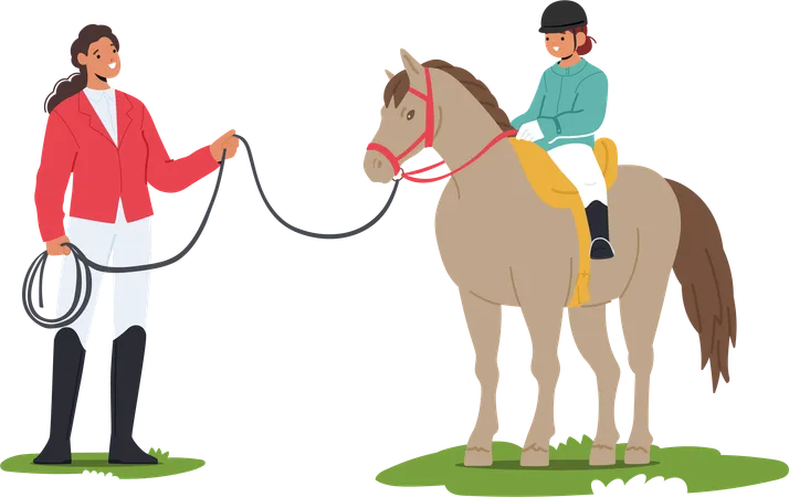 O instrutor orienta pacientemente a criança no domínio da equitação  Ilustração