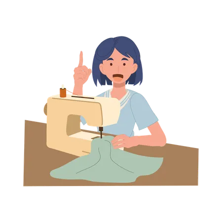 Instrutora confiante mostrando como usar a máquina de costura passo a passo  Ilustração