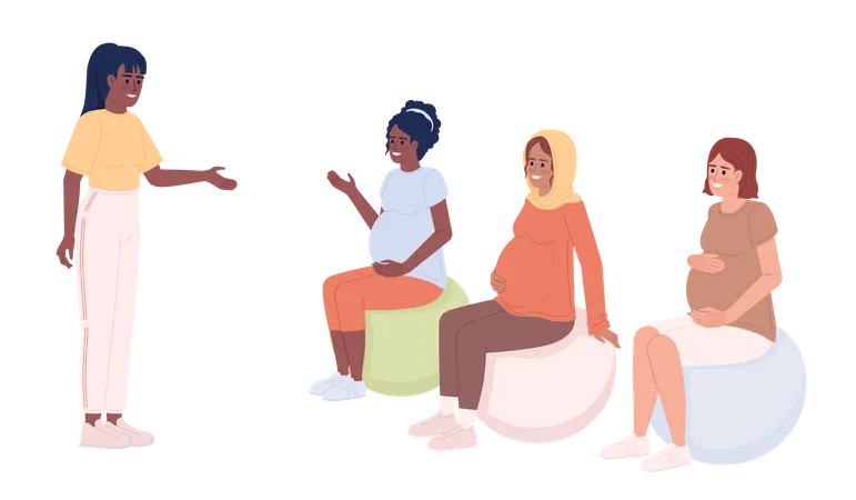 Instrutor de fitness com mulheres grávidas em bolas de exercício  Ilustração