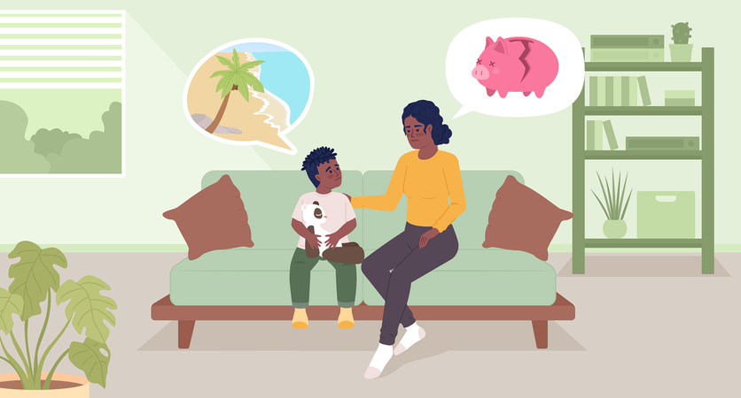 Insufficient funds to afford family holiday  Illustration