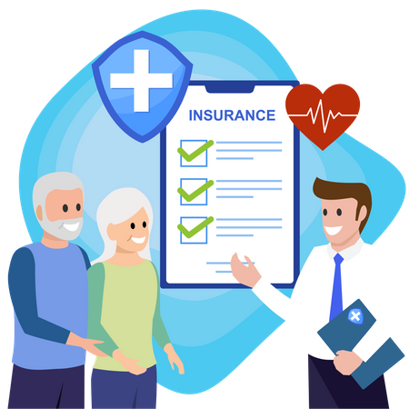 Insurance agent explain package senior couple to protect from life health accident  Illustration