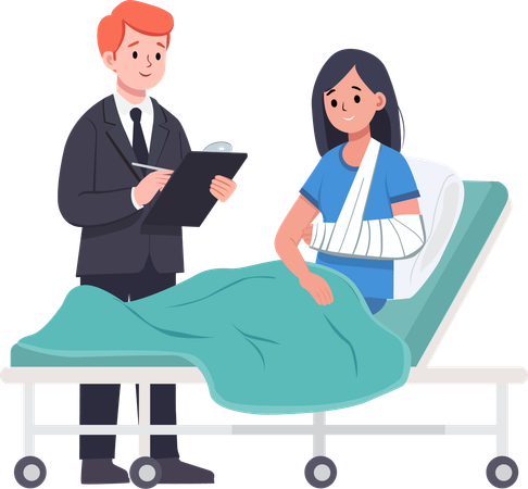 Insurance agent visiting a female customer with a broken arm  Illustration