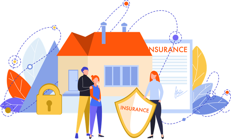 Insurance agent with couple home insurance policy  Illustration