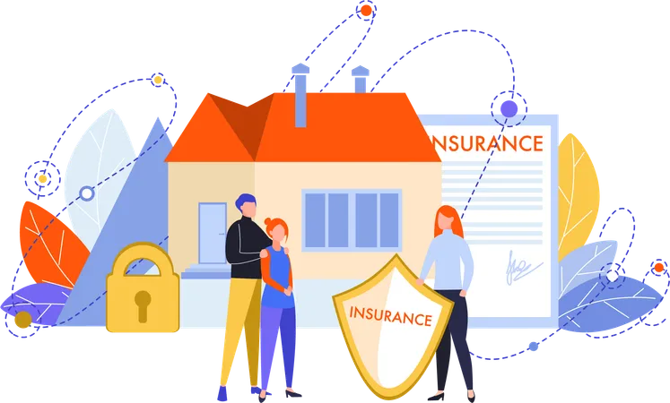 Insurance agent with couple home insurance policy  Illustration