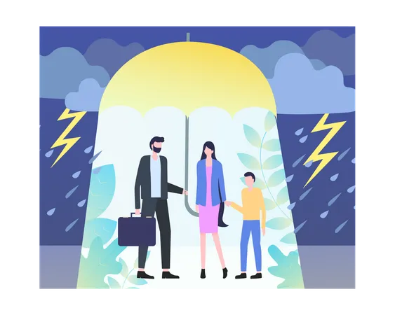 Family Covered With An Umbrella In Rain Time With Thunder As Insurance Concept Illustration
