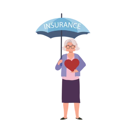 Insurance Coverage Concept Senior Woman With Big Heart Shielded With Umbrella Of Security Flat Vector Cartoon Illustration Illustration