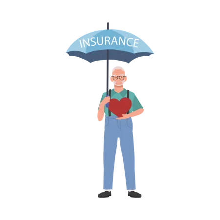 Insurance Coverage Concept Senior Man With Big Heart Shielded With Umbrella Of Security Flat Vector Cartoon Illustration Illustration