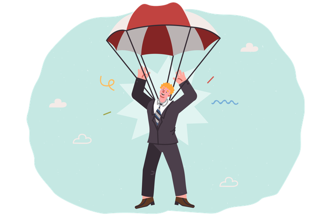 Insurance in form of parachute for business man escaping after company goes  Illustration