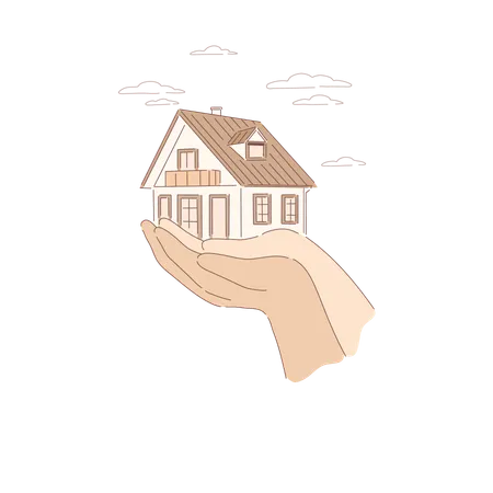 Two Hands Holding House Paying Off Mortgage Insurance On Real Estate Renting Living Space Buying Dream Home Banner Family House Cartoon Concept Sketch Flat Vector Illustration Illustration