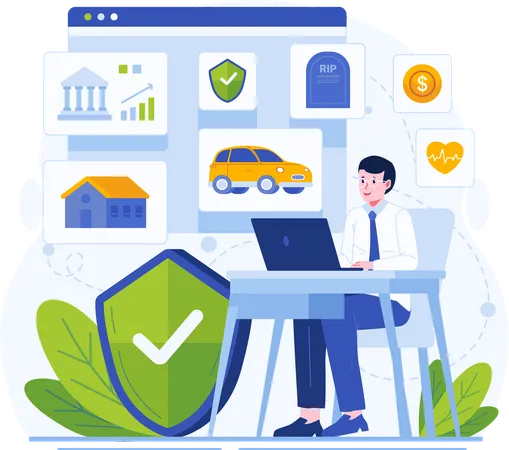 Insurance Illustration Concept With A Man Sitting At A Table With His List Of Insurance Policies イラスト
