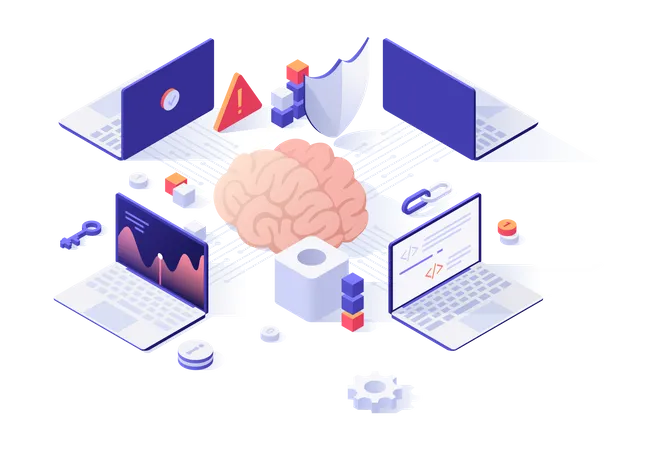Modelo De Pagina De Destino Com Cerebro Cercado Por Laptops Conceito De Rede Neural Artificial Ou Sistema Conexionista Aprendizado De Maquina Tecnologia Da Informacao Ilustracao Vetorial Isometrica Ilustração