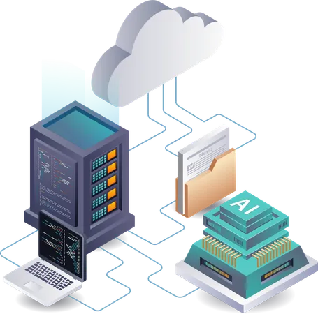 La inteligencia artificial analiza automáticamente los datos del servidor en la nube  Ilustración