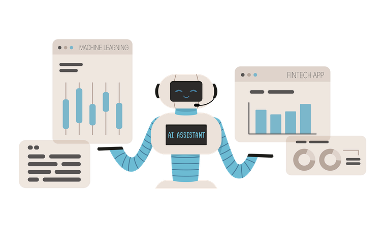 Robô assistente virtual de inteligência artificial usado em aprendizado de máquina e aplicativo fintech  Ilustração