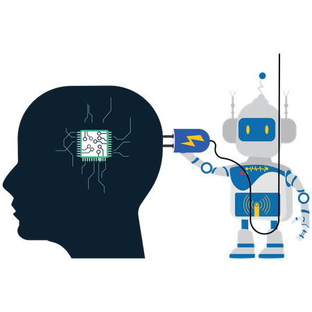 Inteligencia artificial, Inserte el enchufe en la cabeza del robot, Hombre de negocios  Ilustración