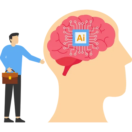 Maquinaria de aprendizaje de inteligencia artificial y cerebro humano.  Ilustración