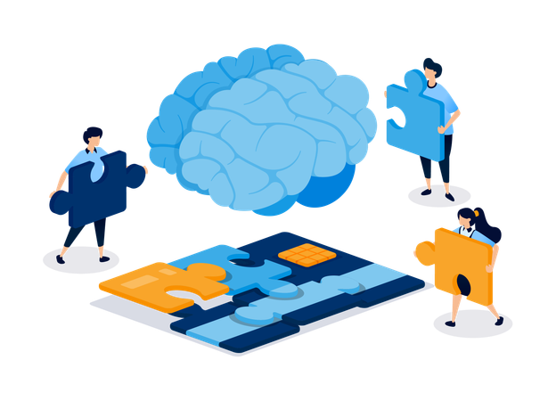 Inteligencia artificial o cerebro humano que resuelve el rompecabezas de las deudas de tarjetas de crédito y los problemas financieros  Ilustración