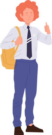 Un colegial adolescente feliz inteligente mostrando los pulgares hacia arriba gesticulando  Ilustración
