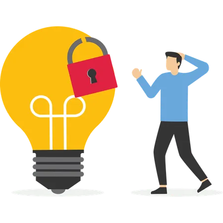 Intellectual Property Patented Protection Businessman Owner Standing With Light Bulb Idea Locked With Padlock For Patents Illustration