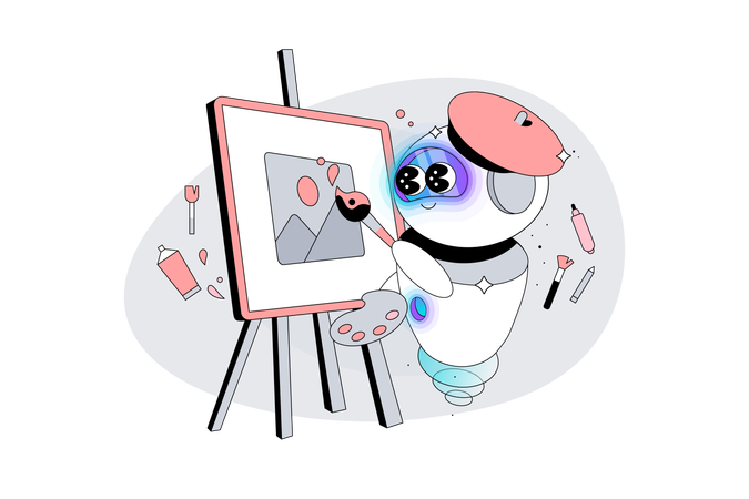 L'artiste robot d'intelligence artificielle peint avec un pinceau sur toile  Illustration