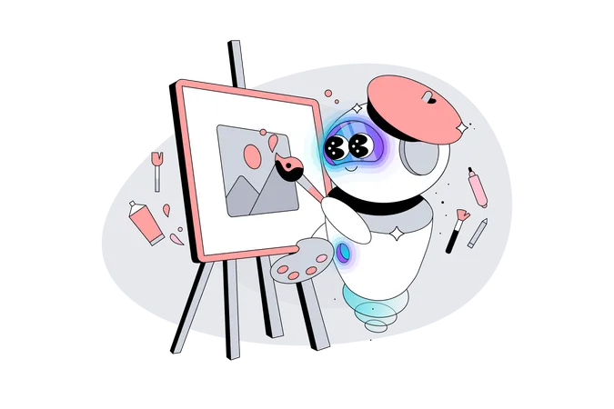 L'artiste robot d'intelligence artificielle peint avec un pinceau sur toile  Illustration